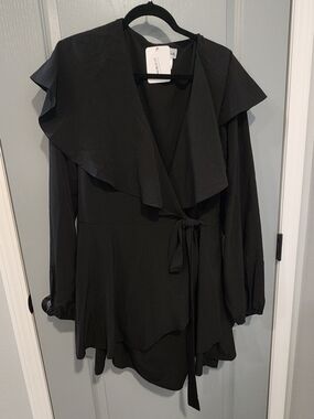 Black Ruffle Wrap Romper with Tie Waist